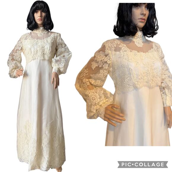 American Vintage Dresses & Skirts - Vtg OOAK Lace Wedding dress scalloped sheer high neck & empire waist medium